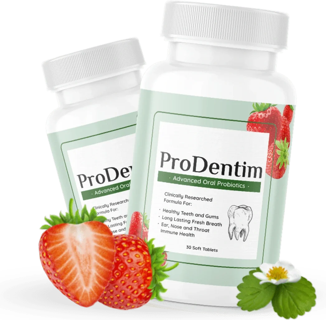 Two bottles of ProDentim beside fresh strawberries