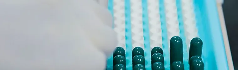 Gloved hands arranging supplement capsules on a sterile tray in a GMP-certified facility